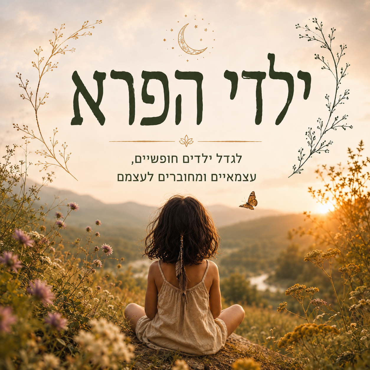 ילדה יושבת בטבע פורח אל עבר הרים ושקיעה, כריכת ילדי הפרא